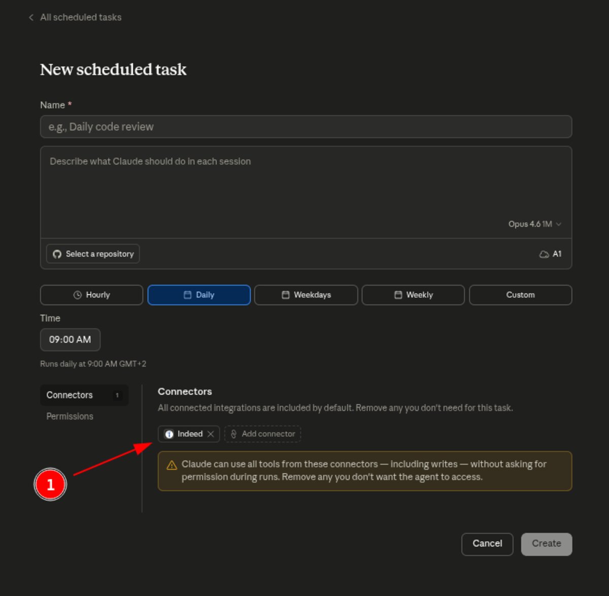 Claude scheduled task configuration with Indeed connector